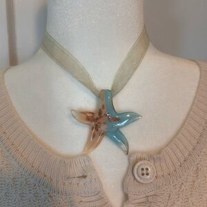 One-Of-A-Kind Handblown Art Glass Starfish Pendant With Organza Ribbon Necklace